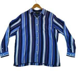 Lauren Ralph Lauren Silk Button Down Shirt Women's Sz L Blue Striped Career Top